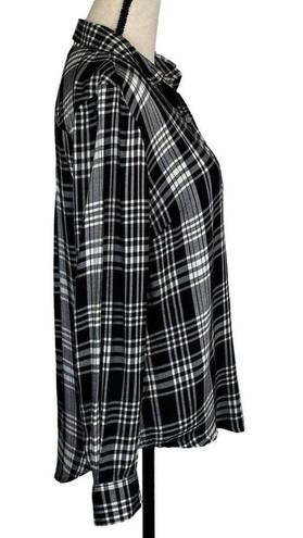 Style & Co  Small Button-Up Top Plaid Pocket Long Sleeve Hi-Low Hem Black White