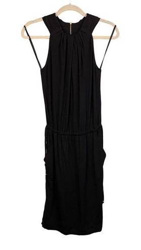 St. John  Women Black Halter Pleated Neck Drawstring Side Slits Midi Dress Size 2