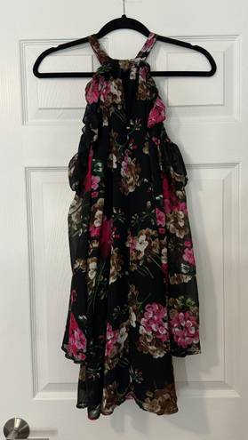 Umgee Black Pink Floral Cold Shoulder Dress