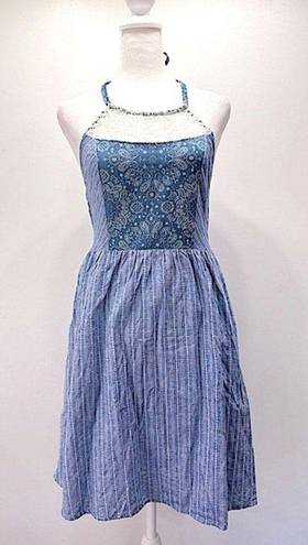 Flying Tomato NEW  Denim Blue Striped Paisley & Lace Ruched Back Halter Dress M