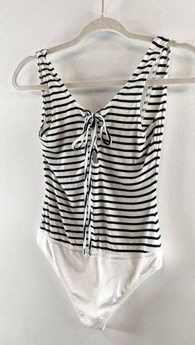 Lovers + Friends  Allie Tank Top Striped Lace Up Bodysuit Navy Blue White Small