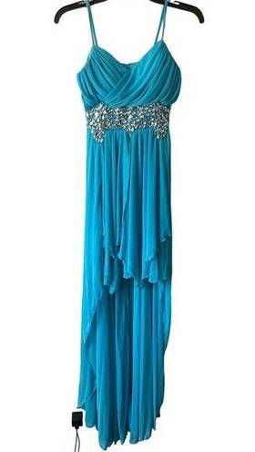 B Darlin  Blue Dress 5/6 Formal High Low Beaded Tulle Adjustable Sleeveless