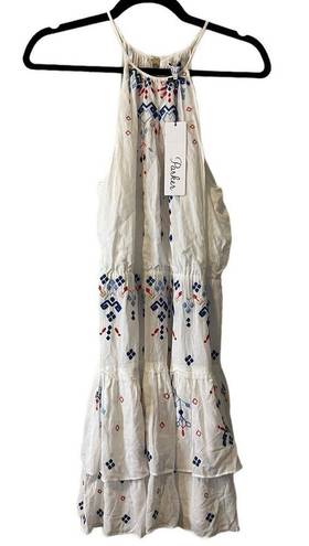 Parker NWT Revolve  Dress White Red Blue Embroidered Halter Stretch Waist Mini M