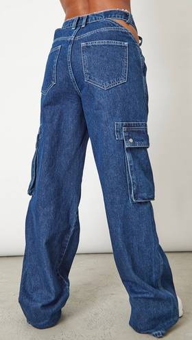 Pretty Little Thing Dark Blue Wash Cut Out Cargo Jeans