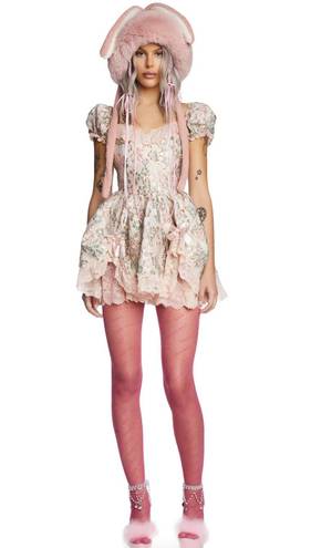 Dolls Kill Floral Jacquard Mini Dress With Lace And Bows And Puff Sleeves