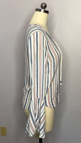 Vintage Havana Stripe Nautical Top with Rope Tie Front- Bell Sleeve- M