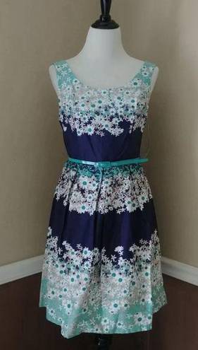 Tiana B NEW  ModCloth Navy Blue Mint Floral Belted Sleeveless Retro Dress 4-6