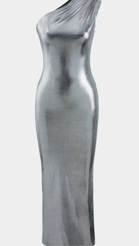Micas Metallic One Shoulder Midi Dress