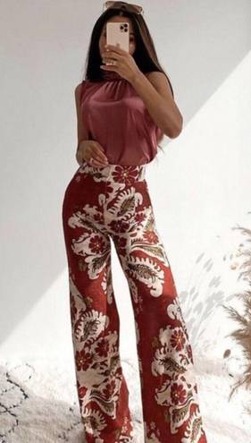 ZARA  Linen Blend Floral Printed Wide Leg Pants