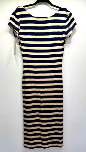 RD Style NEW  Navy & Beige Striped Open Back Cap Sleeve Fitted Maxi Dress Small