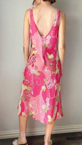 Natori Vintage  Pink Floral Abstract Printed Midi Low Back Slip Dress