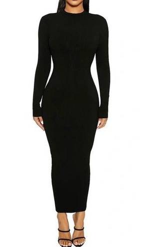 Naked Wardrobe  Black Snatched Ribbed Crewneck Long Sleeve Dress Size XS $68