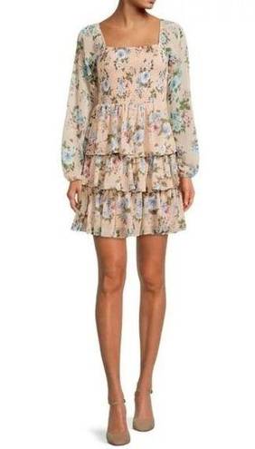 Madden Girl Madden NYC Beige & Blue Floral Long Sleeve Tiered Mini Dress XXL