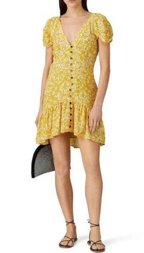 Wish Golden Bloom Floral Short Sleeve Dress V-Neck Ruffle Hem Mustard Yellow szL