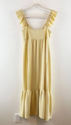 Caution to the Wind  Plunge V Neck Ruffle Strap Ribbed Midi Dress Butter Yellow S