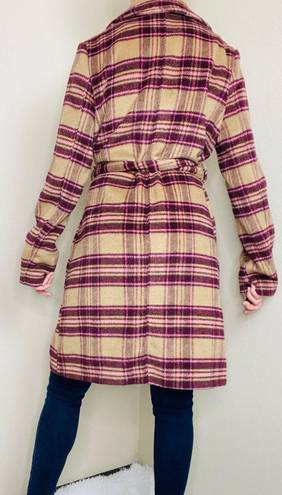 A New Day NWT  Carmel & Burgundy Plaid Long Waist Tie Wool Coat