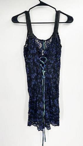 Maaji  Blue Sheer Lace Button Front Lace Up Corset Back Swim Coverup Romper Sz M