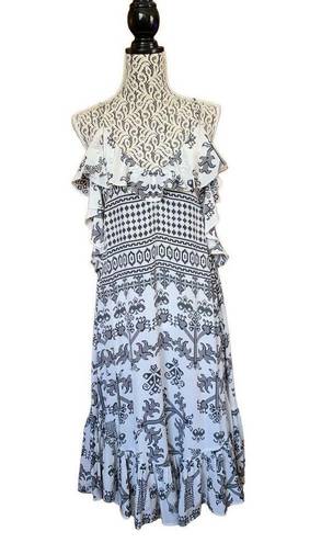 Rococo  Sand Rare Silk Pixels Grecian Print Ruffle Midi Dress White Size XS