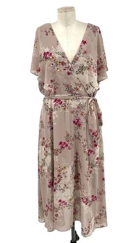 City Chic  Flower Child Faux Wrap Dress Midi Dress Beige Plus Size 16