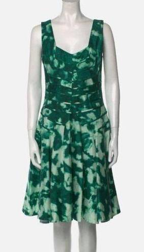 Oscar de la Renta  Silk White Green Abstract Fit Flare Dress SZ 8