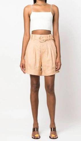 Farm Rio  Women's Beige High Waisted Belted Tailored Linen Shorts Pockets L NWT