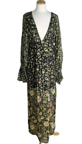 Rococo  Sand Hana Printed Kaftan Maxi Dress Black Metallic Thread Size XS NWT