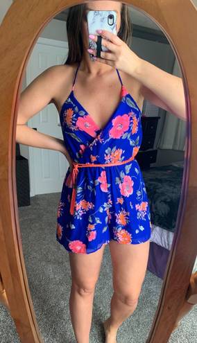 Lac Bleu Blue And Pink Floral Halter Romper