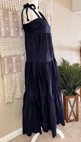 Jason Wu Dress Cotton Tiered Embroidered Scallop Hem Midi Navy Medium MSRP $248