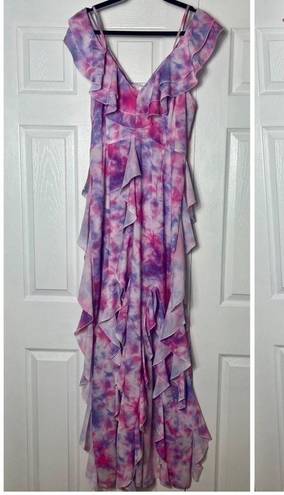 Pretty Little Thing Pink Tie Dye Cold Shoulder Ruffle Detail Maxi Dress 12 Large