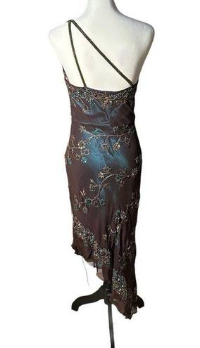 Scala Women's  Brown & Teal Blue Beaded Floral One-Shoulder Asymmetric Dress Sz L