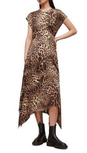 All Saints Gianna Kiku Leopard Animal Print Asymmetric Midi Dress Size 0 New