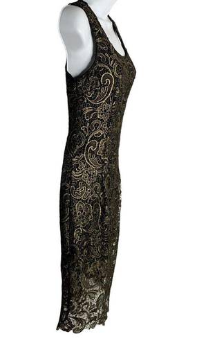 Sans Souci  Lace Overlay Sheath Dress XS Black Gold Metallic Sleeveless Zipper