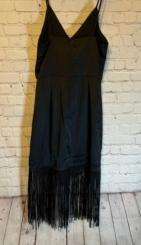 Lucy Paris Black Satin Fringe Midi Dress, S