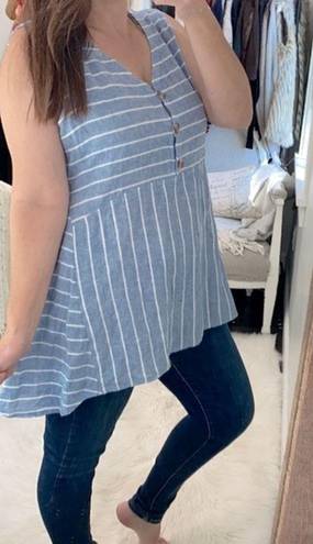 BeachLunchLounge  blue striped tunic top size large linen cotton blend