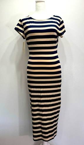 RD Style NEW  Navy & Beige Striped Open Back Cap Sleeve Fitted Maxi Dress Small