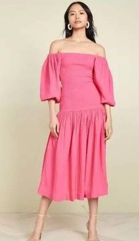 Harper RHODE  Smocked Off Shoulder Puff Sleeve Hot Pink Midi Dress Gauze Cotton