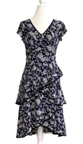 Adrianna Papell  Dress Ditsy Navy Ivory Petunia Tiered Cap Sleeve Dress Size 4