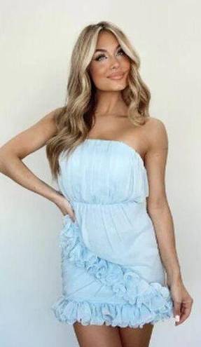 idem Ditto  Baby Blue Ruched Frilled Hem Strapless Mini Dress Sz S NEW