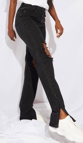 Pretty Little Thing Tall Black Ripped Knee Split Hem Jeans