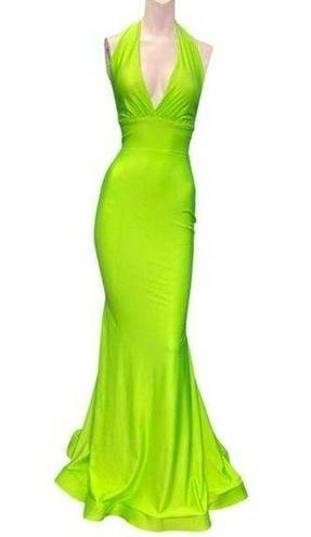 Jessica Angel  378 Halter Tie Back Ruched Back Gown Neon Lime Size Small NWT