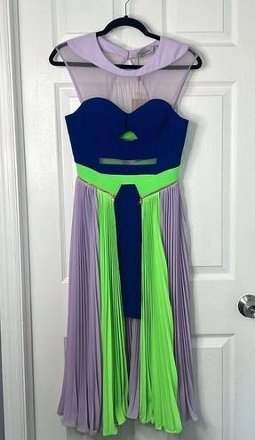 Three Floor Sz 4  High Time Royal Blue, Neon Green and Lavender Color Block Dress