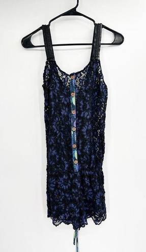 Maaji  Blue Sheer Lace Button Front Lace Up Corset Back Swim Coverup Romper Sz M