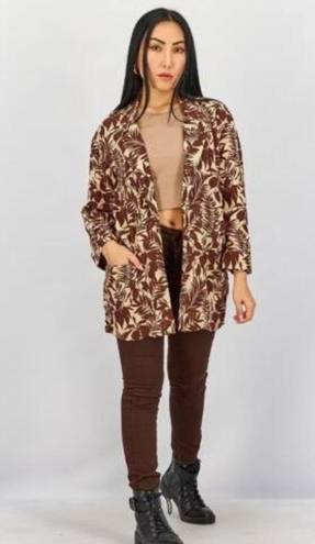 Mango  Women Notch Collar Long Sleeves Tropic Print Linen Blazer, Beige Brown XS