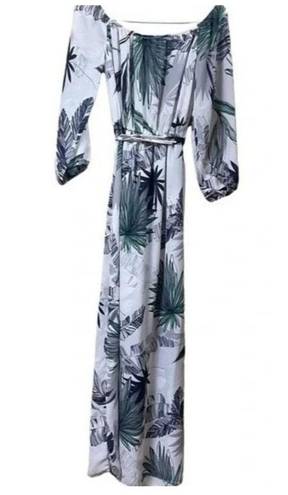 Sans Souci NWT Tropical Palm Print Off Shoulder Tie Maxi Dress 3/4 Sleeve S White F0100