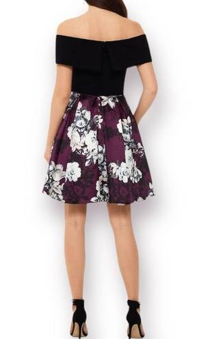 Betsy and Adam  Formal Dress Off the Shoulder Fit and Flare Black Burgundy 2