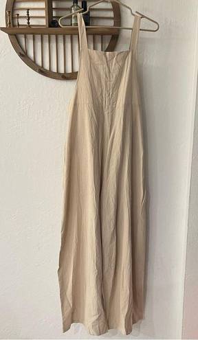 Casual Loose Wide Leg Flowy Pleated Tank Cotton Overalls Pockets XL Tan