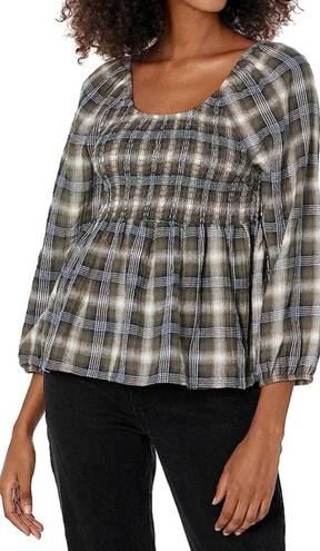 Tommy Hilfiger Tommy Jeans Womens Size Medium Plaid Peplum Smocked Top •Scoop Neck Long Sleeves