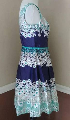 Tiana B NEW  ModCloth Navy Blue Mint Floral Belted Sleeveless Retro Dress 4-6