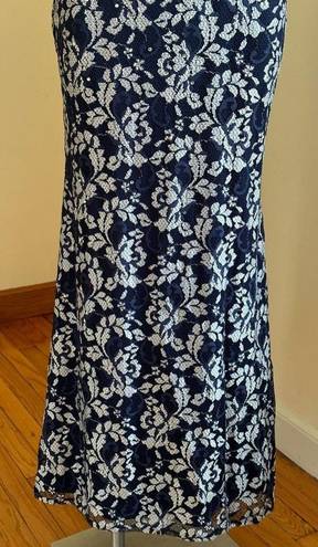 Betsy and Adam  Blue & White Embroidered, Off The Shoulder Mermaid Gown Sz. 8