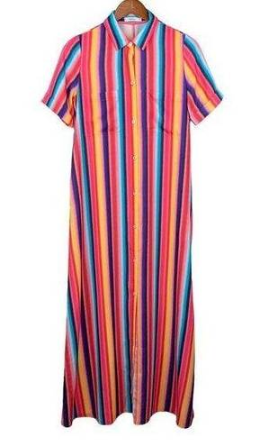 Nana Macs  Shirt Dress Maxi Colorful Bright Stripes Button Front Size S